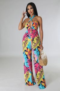 CUSTOM Manufacture of X cross- Neck Bright Color Printed Backless Jumpsuits in various fabrics and styles